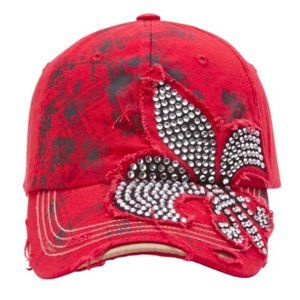 Vintage Fleur De Lis Distressed Red Cadet Hat - Fleur-de-lis - Print & Jewels!